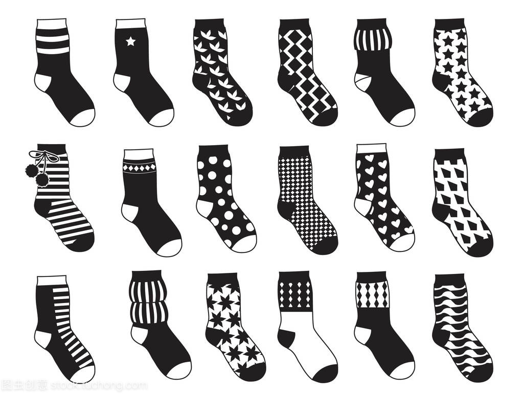 孩子的剪影襪子與不同模式。矢量單色插圖隔離